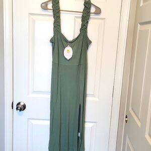 Sage green midi dress with ruffle straps and slit